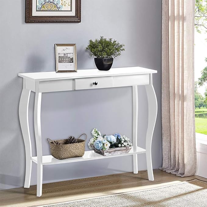 ChooChoo Narrow Console Table with Drawer, Chic Accent Sofa Table, Entryway Table, 39.3 Inch, White