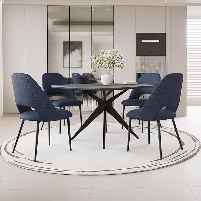 Kidol & Shellder 45.2" Square Dining Table Set for 2-4 People Modern MDF Wooden Dining Room Table with X-Shaped Metal Base Kitchen Table for Dining Room Kitchen Office（Black Table+2pcs Blue Chairs