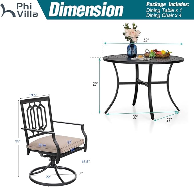 PHI VILLA 5 Pieces Outdoor Dining Set for 4, Round Metal Wrought Iron Table with Umbrella Hole & Swivel Metal Steel Chairs with Cushions, Large Modern Furniture for Patio, Deck, Backyard, Porch