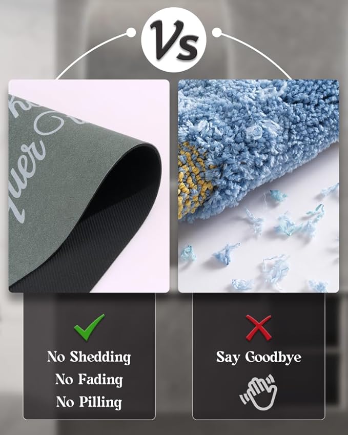 MontVoo -Bath Mat Rug- Non Slip Quick Dry Absorbent Thin Bathroom Rugs Fit Under Door-Faux Suede Surface Bathroom Floor Mats-Shower Rug for in Front of Bathtub Shower 17 X27.5 Green Text Pattern