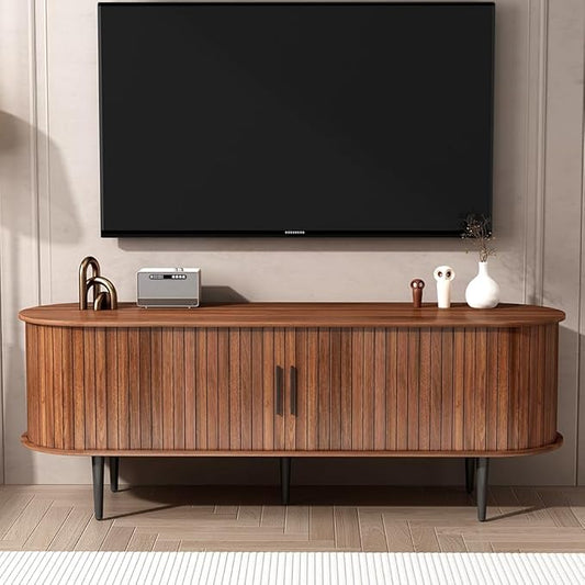 55" Mid-Century Modern TV Stand with Sliding Door & Storage | Walnut Media Console for Living Room | Gaming Entertainment Center Cabinet for Bedroom/Office (55")