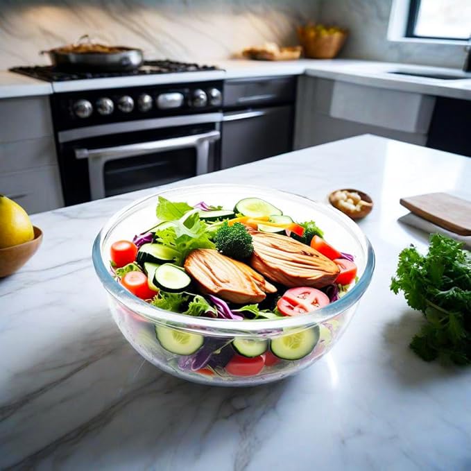 Mixing Bowls - 6 Quarts Glass Mixing Bowls - Salad Bowl With Serving Utensils - Microwave And Freezer Safe Bowls For Kitchen