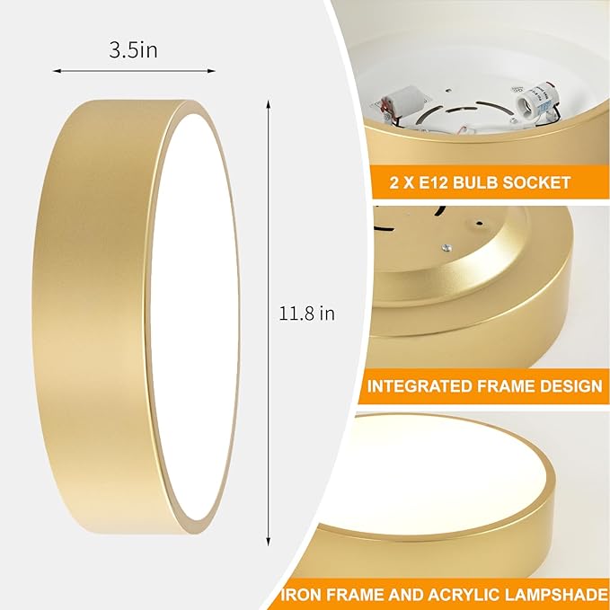 Modern Gold Flush Mount Light, 12 Inch 2-Light Round Close to Ceiling Fixture, Minimalist Lamp for Foyer, Hallway, Kitchen Island, Bedroom, Laundry, Bathroom