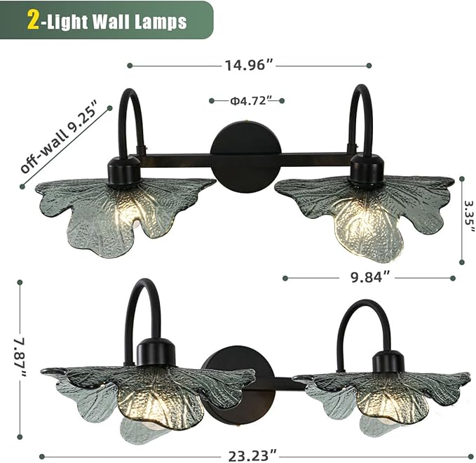 Black Wall Sconce 2 Light Bathroom Vanity Light Over Mirror, Modern Wall Light Fixture with Dark Glass Shade mid Century Wall Sconce Bedroom Wall sconces for Bedroom Hallway Living Room