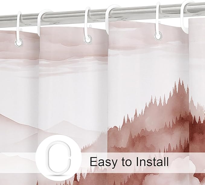 Burgundy Long Misty Pine Forest Shower Curtain 72 x 78, Mountain Foggy Woodland Scenery Tree 78 Inch Long Shower Curtains for Bathroom, Abstract Waterproof Nature-Themed Decor