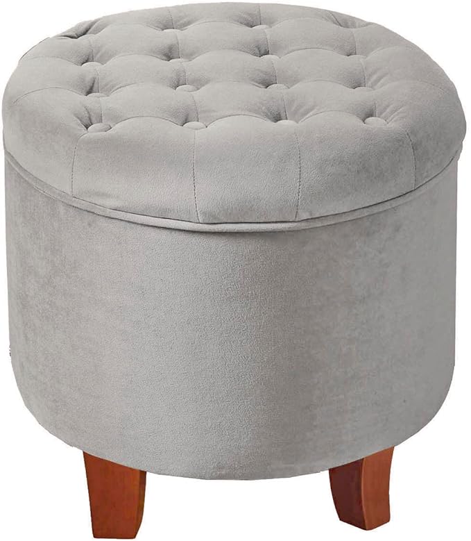 HomePop by Kinfine Fabric Upholstered Round Storage Ottoman - Velvet Button Tufted Ottoman with Removable Lid, Light Gray Small