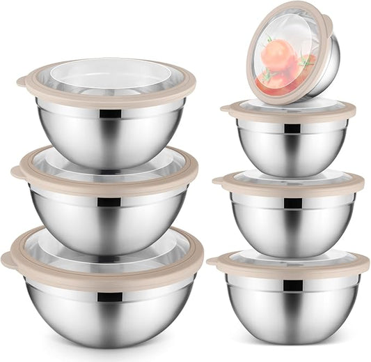 E-far Stainless Steel Mixing Bowls with Airtight Clear Lids Set of 7, Metal Nesting Bowls for Kitchen Prep, Baking, Cooking, Serving, Salad, Dishwasher Safe, Size 4.6, 3.5, 3, 2, 1.5, 1, 0.7QT, Khaki