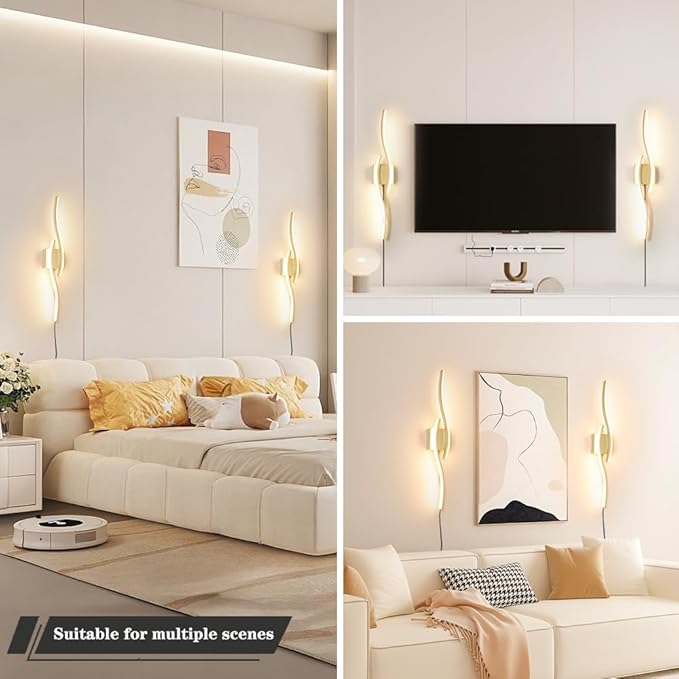 Modern Gold Plug in Wall Sconce Set of 2, Indoor Dimmable Light Fixture with Plug in Cord for Living Room, LED Sconces Lighting with Remote Control, Wall Lighting Decor for Hallway Bedroom