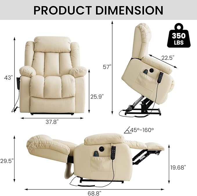TEKAMON Power Lift Recliner Chair for Elderly with Heat & Massage, Dual Motor Breathable Leather Recliner, Lay Flat Sleeping Chairs with Infinite Position, RemoteControl & USB Ports(Beige)