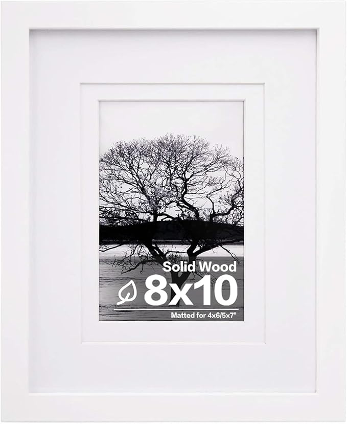 Egofine 8x10 Picture Frame Made of Solid Wood Covered by Plexiglass, Display Pictures 4x6/5x7 with Mat or 8x10 Without Mat for Table Top Display and Wall Mounting Photo Frame, White