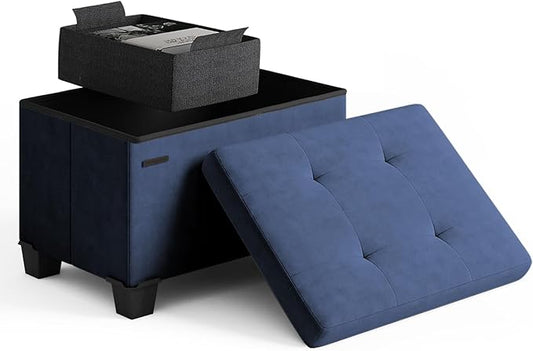 STORAGEBUD Storage Ottoman Cube with Small Bin, 16-in Square Ottoman with Storage for Living Room and Bedroom, Small Ottomans Foot Rest, Velvet Foot Stools Ottomans Max 330lbs, Blue