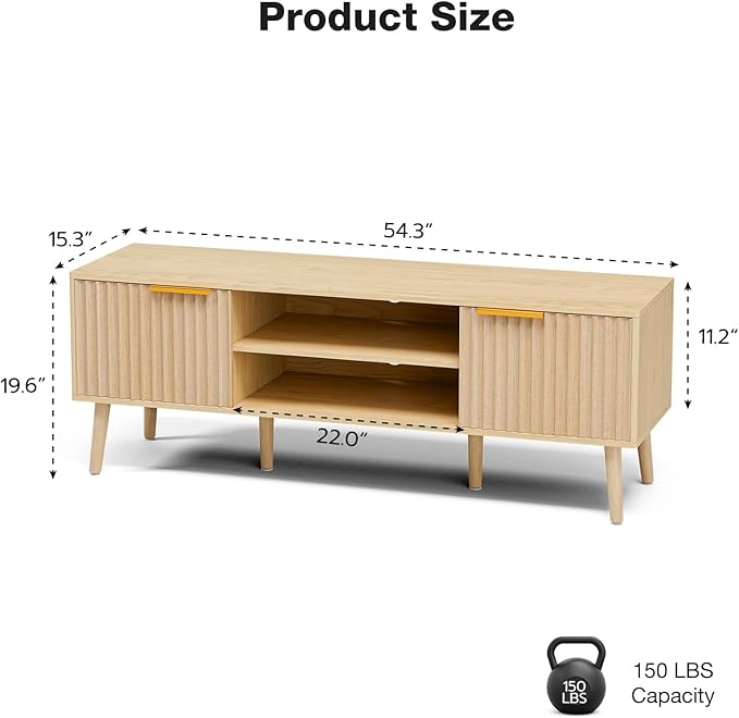 TV Stand for Living Room, Boho Entertainment Center for 55/60/65 inch TVs, Media Console with Fluted Door Cabinets and Open Shelves, for Bedroom, Oak
