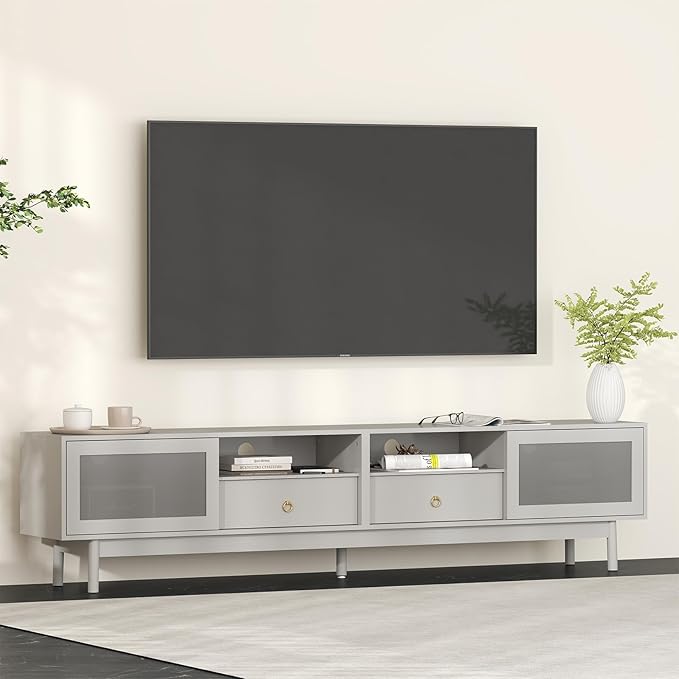 Bonzy Home TV Stand with Storage for 80 Inch TV, Modern Entertainment Center with Glass Doors and 2 Drawers, 86.6" Long TV Console for Living Room, Grey