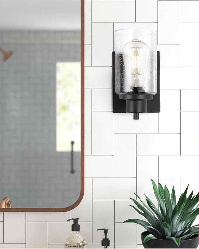 3 Pack Bath Vanity Light Fixtures Wall Sconce, Modern Indoor Bathroom Wall Lights with Seeded Glass, Black Wall Light Fixtures for Bedroom Mirror Kitchen Living Room Entryway Patio