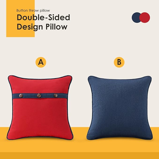 Outdoor Sunbrella Decorative Pillows with Triple Coconut Buttons Pack of 4, 16" x 16" Outdoor Pillow Set for Couch Bed Throw Patio Sofa, Canvas Logo Red/Specrtum Indigo