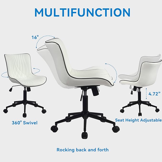 YOUNIKE Office Chair, Armless Desk Chair with Wheels, Home Office Computer Task Chairs, Modern Faux Leather Upholstered Vanity Chair, Adjustable Swivel Rocking Office Chair with Back, White