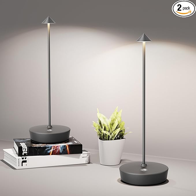 Cordless Table Lamps Rechargeable, 6000mAh Battery Operated LED Desk Lamp Outdoor Waterproof Portable Touch Dimmable Table Light for Patio Restaurant Dining Home Set of 2 Grey