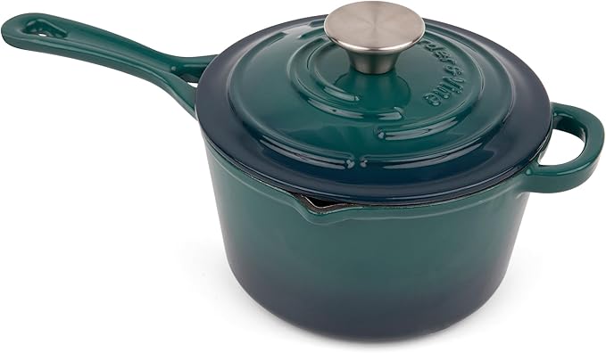 Larder & Vine Enameled Cast Iron Saucepan | 2.2 qt Sauce Pan with Lid | Saucepan with Pour Spouts | Enameled Cast Iron Pot Compatible on All Cooktops & Oven Safe to 500° F | Bondi