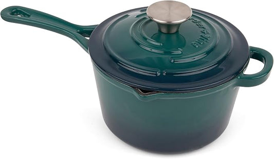 Larder & Vine Enameled Cast Iron Saucepan | 2.2 qt Sauce Pan with Lid | Saucepan with Pour Spouts | Enameled Cast Iron Pot Compatible on All Cooktops & Oven Safe to 500° F | Bondi
