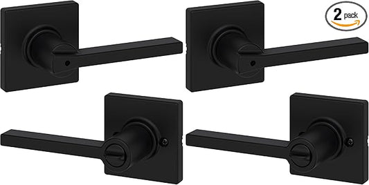 Kwikset Casey Interior Privacy Door Handle with Lock, Door Lever for Bathroom and Bedroom, Matte Black Reversible Keyless Turn Lock, with Microban Protection (Pack of 2)