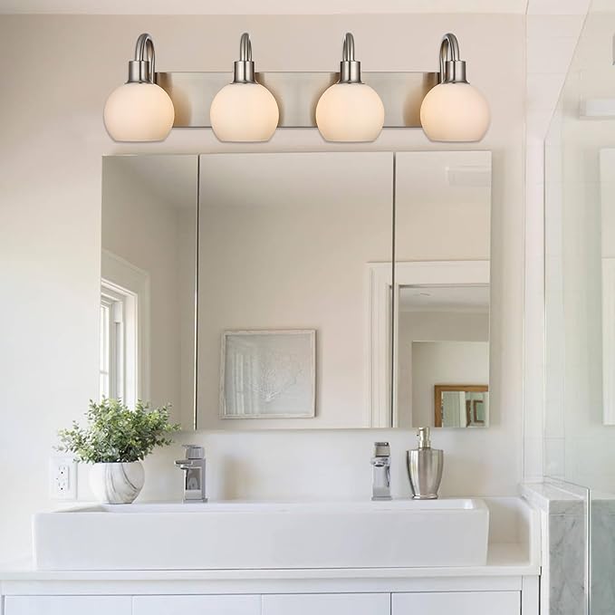 28.7 Inch Bathroom Light Fixture Brushed Nickel, Modern 4-Lights Vanity Light Over Mirror with Milk White Globe Shades, Wall Mounted Lamp for Hallway Kitchen