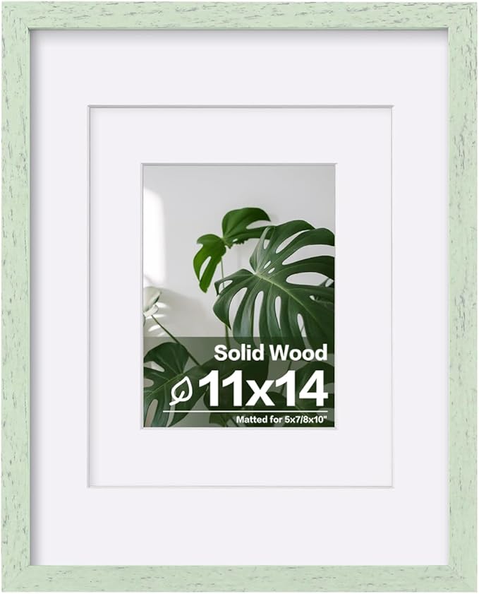 Egofine 11x14 Picture Frame Made of Solid Wood Covered by Plexiglass, Display Pictures 5x7/8x10 with Mat or 11x14 Without Mat for Table Top Display and Wall Mounting Photo Frame, Rustic Green
