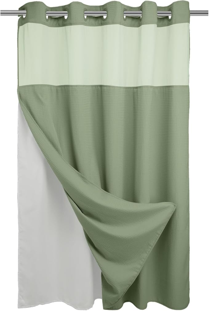 River Dream Sage Green Heavyweight No Hooks Required Shower Curtain with Snap in Liner - Dotted Waffle Weave,Hotel Grade,Spa Like Bath Curtain,71W x 74H