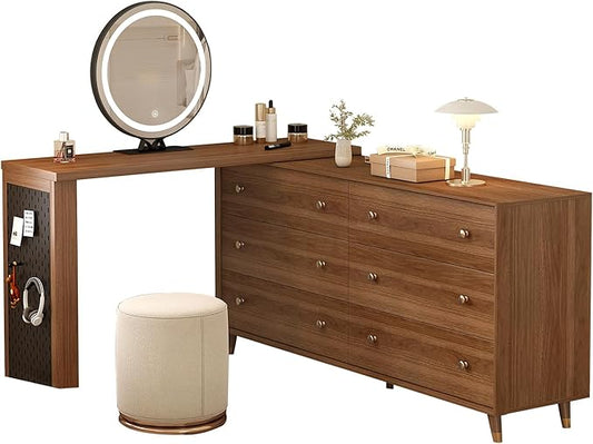 Makeup Vanity Desk Set with Full Aluminum HD Lighted Mirror and Stool, 60-100in Extendable Vanity Table, 6-Drawer Solid Wood Frame Chest, Dressing Table for Bedroom, Brown