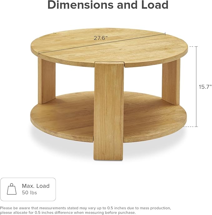 mopio Logan Solid Wood 2-Tier Round Coffee Table, Modern Farmhouse Solid Rubberwood with Light Wire Brush Rectangle Shaped Leg