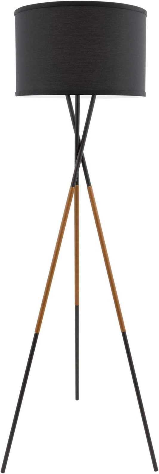 Kira Home Sadie 61" Mid Century Modern Tripod LED Floor Lamp + 9W Bulb (Energy Efficient/Eco-Friendly), Leather Accent Legs, Black Drum Shade, Black Finish