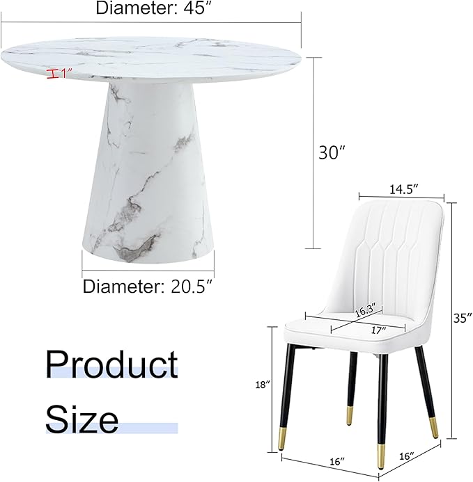 45 Inch Round Dining Table Set for 4, 5 Piece Kitchen Table and Chairs Set, White Faux Marble Table Top, Small Space Dining Set for Apartment or Dining Room