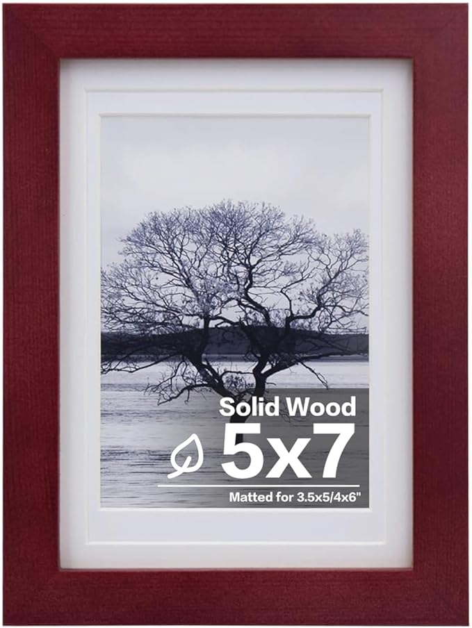 Egofine 5x7 Picture Frame Made of Solid Wood, Display Pictures 3.5x5/4x6 with Mat or 5x7 Without Mat Covered by Plexiglass for Table Top Display and Wall Mounting Photo Frame, Dark Red