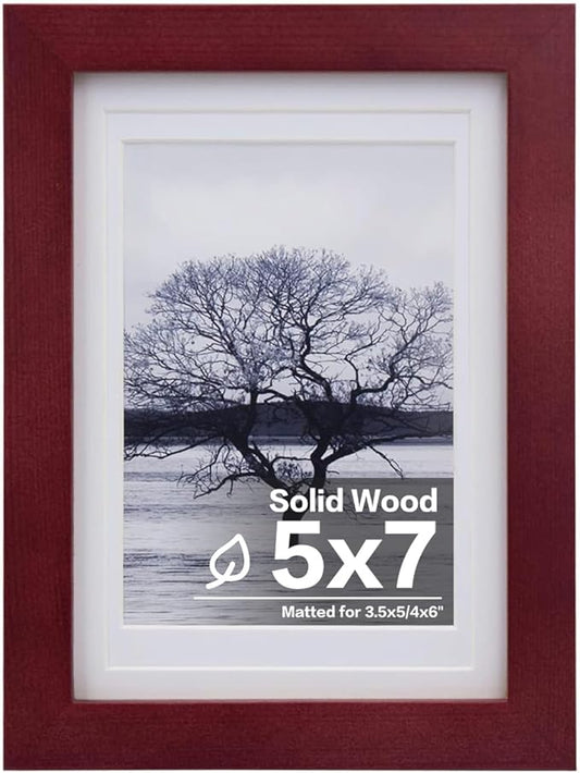 Egofine 5x7 Picture Frame Made of Solid Wood, Display Pictures 3.5x5/4x6 with Mat or 5x7 Without Mat Covered by Plexiglass for Table Top Display and Wall Mounting Photo Frame, Dark Red