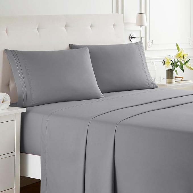 Clara Clark Bed Sheets, Premier 1800 Series Bed Sheet Set, Deep Pocket, Wrinkle, Fade, Stain Resistant, Luxury Soft Bedding Sheets & Pillowcases, Split King, Frost Grey