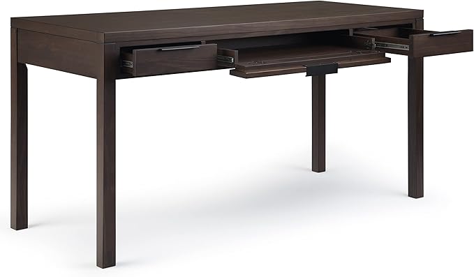 SIMPLIHOME Hollander Desk - 60-Inch Wide Solid Wood Writing Desk in Warm Walnut Brown, Contemporary Home Office Computer Table for Workspace or Study with 2 Drawers and Flip-Down Keyboard Tray