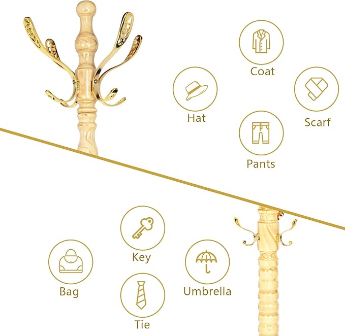 73”Vintage Wooden Coat Rack Freestanding With 14 Hooks and Sturdy Round Base。3-level Adjustable Vintage Wooden Coat Rack.Coat Rack Stand for Living Room Bedroom Office (Natural)