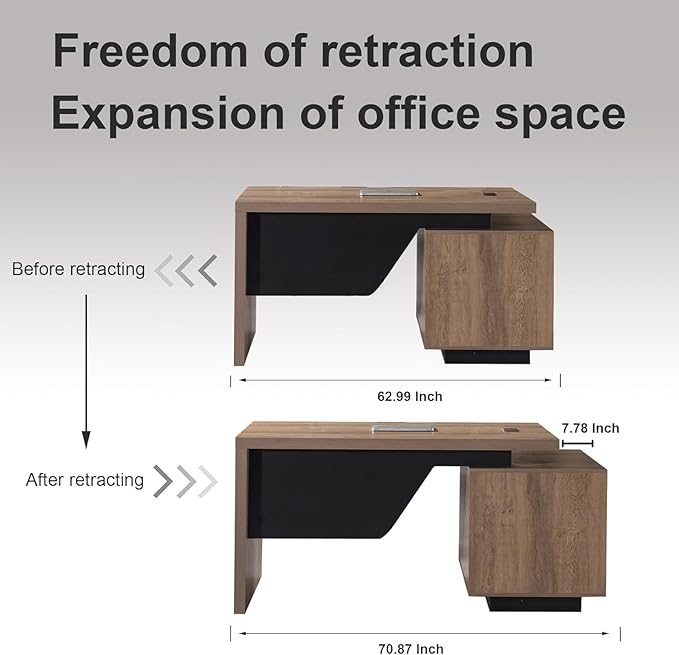 Modern Executive Desk, Rectangle Office Desk with Storage Cabinet, Width Adjustable Desks for Home Office, Business Desk Stand Under Table Storage Organizer, Mahogany