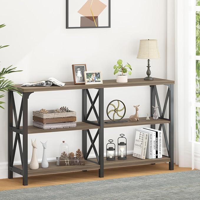 LVB Rustic Console Table, Wood Metal Entryway Table Behind Couch, Industrial Sofa Table with 3 Tier Storage Shelf, Modern Wooden Foyer Hallway Table for Entry Living Room Bedroom, Rustic Oak, 47 Inch