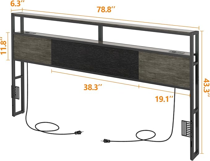 Headboard King Size, Headboards with Charging Station, USB Port and LED Light, Head Board with 2-Tier Storage Shelf, Adjustable Height, Easy Assembly, Sturdy and Stable, Black