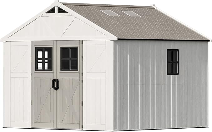 Patiowell 10x10 FT Outdoor Storage Shed, Plastic Shed with Floor and Skylight, Four-Window Resin Storage Shed with Lockable Door for Garden, Patio, Backyard, Beige
