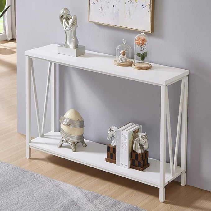 EXCEFUR Rustic Sofa Table, Industrial Console Table for Entryway, Wood and Metal Hallway Table for Living Room, White Oak