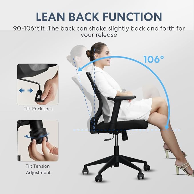 Ergonomic Office Chair Home Mesh Desk Chair with Adjustable Arms - Mid Back Computer Chairs for Adults - Swivel Task Chair Comfortable for Home Office (Black)