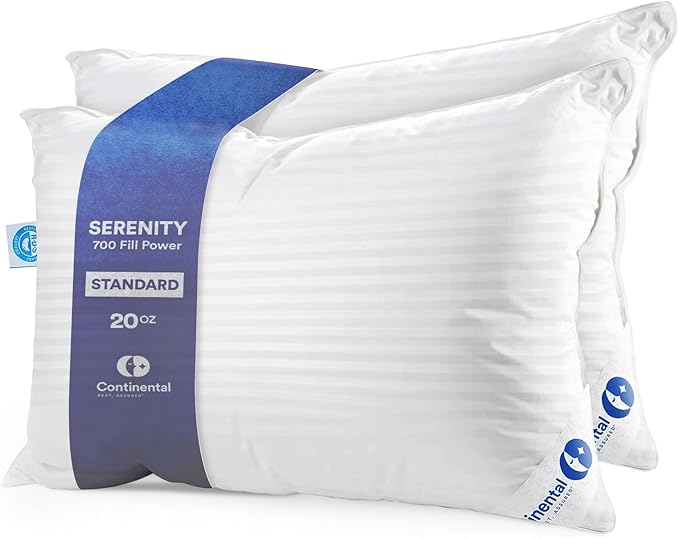 Continental Bedding | Serenity Goose Down Pillow | 700 Fill Power Hungarian White Down | 400TC Cotton Damask Shell | Made in USA | Medium, Standard (Pack of 2), 2 Count