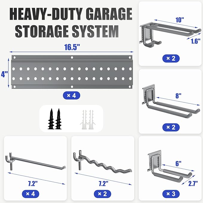 Garage Tool Organizer Wall Mount 64 inches with 13 Adjustable Heavy-Duty Hooks, Garage Organization, Garden Tool Storage Rack, Yard, and Shed, Holds Up to 520 lbs (Grey)