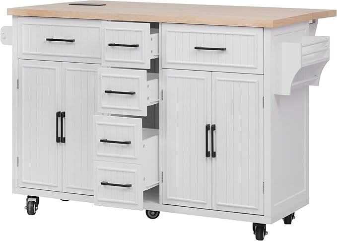 56.5" Kitchen Island with Drop Leaf, Power Outlet, Embossed Vertical Stripe Rolling Kitchen Cart on Wheels with 4 Doors, 5 Deep Drawers and Adjustable Shelves for Dining Room, White