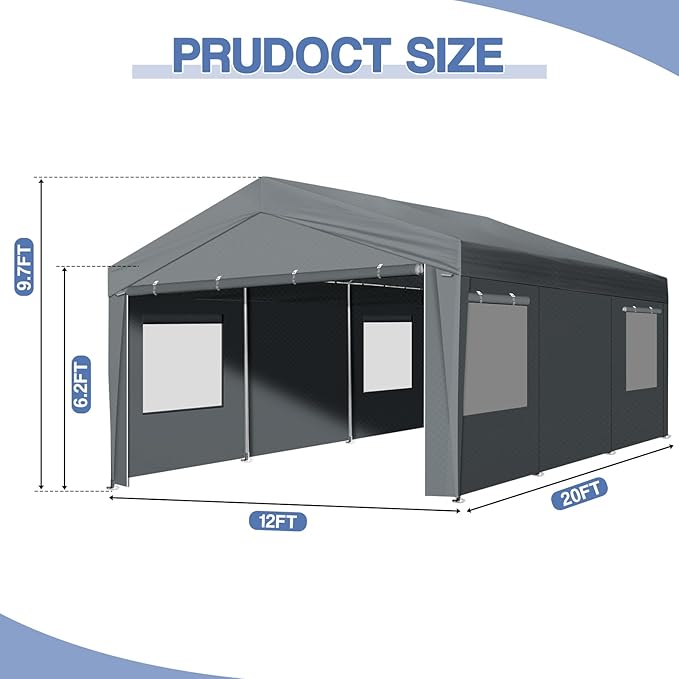 VINGLI 12x20 Carport Canopy Portable Garage with Roll-up Windows & Removable Sidewalls, Car Canopy Heavy Duty Car Tent Garage for SUV, Boats, RVs, Trucks (with Sidewalls)