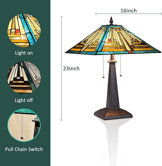 Tiffany Table Lamps,16" Green Handcrafted Stained Glass Desk Lamp for Reading,2-Lights Mission Style Antique Nightstand Beside Light for Living Room Bedroom Office