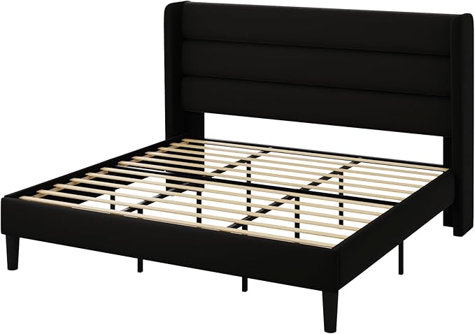 Allewie King Size Platform Bed Frame with Velvet Upholstered Wingback Headboard, No Box Spring Needed, Under Bed Storage Space, Strong Wooden Slats, Modern Mattress Foundation, Easy Assembly, Black