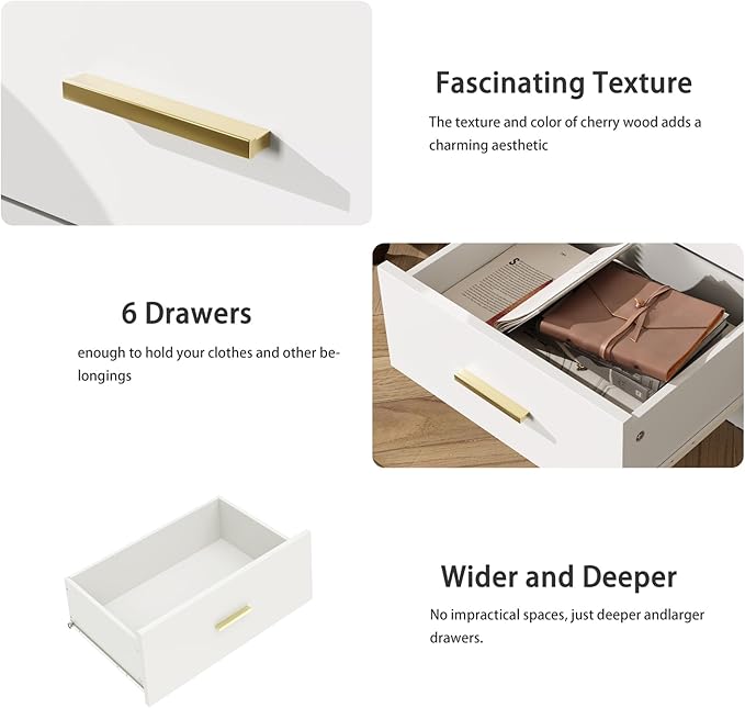 LIDYUK Dresser for Bedroom, Wood Dresser with 6 Drawers, Modern Minimalist Style Dressers & Chests of Drawers, 48 Inches Wide Chest of Drawers for Bedroom, Hallway, Living Room, White