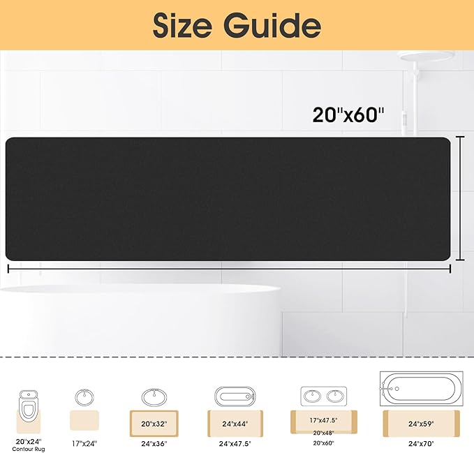 Ultra Thin Non-Slip Bath Mat Fit Under Door, Upgrade Backing Non Slip Bath Mat, Quick Dry Ultra Absorbent Bathroom Rugs, Machine Washable Bath Mats for Bathroom, Bathtub & Kitchen, Black, 59"x20"